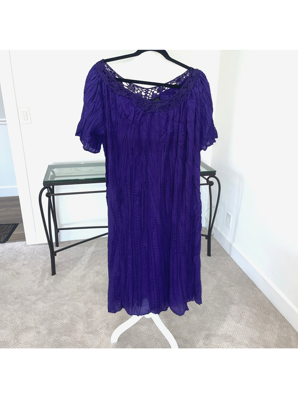 Women Baby Doll Dress Purple Smock Crinkle Gauze Flowy Crochet Plus 2XL Puff